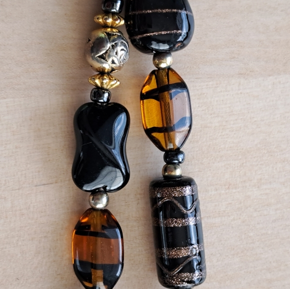 Black & Amber Art Glass, Golden and Hematite Charm Double Strand Beaded Bracelet - Picture 10 of 12